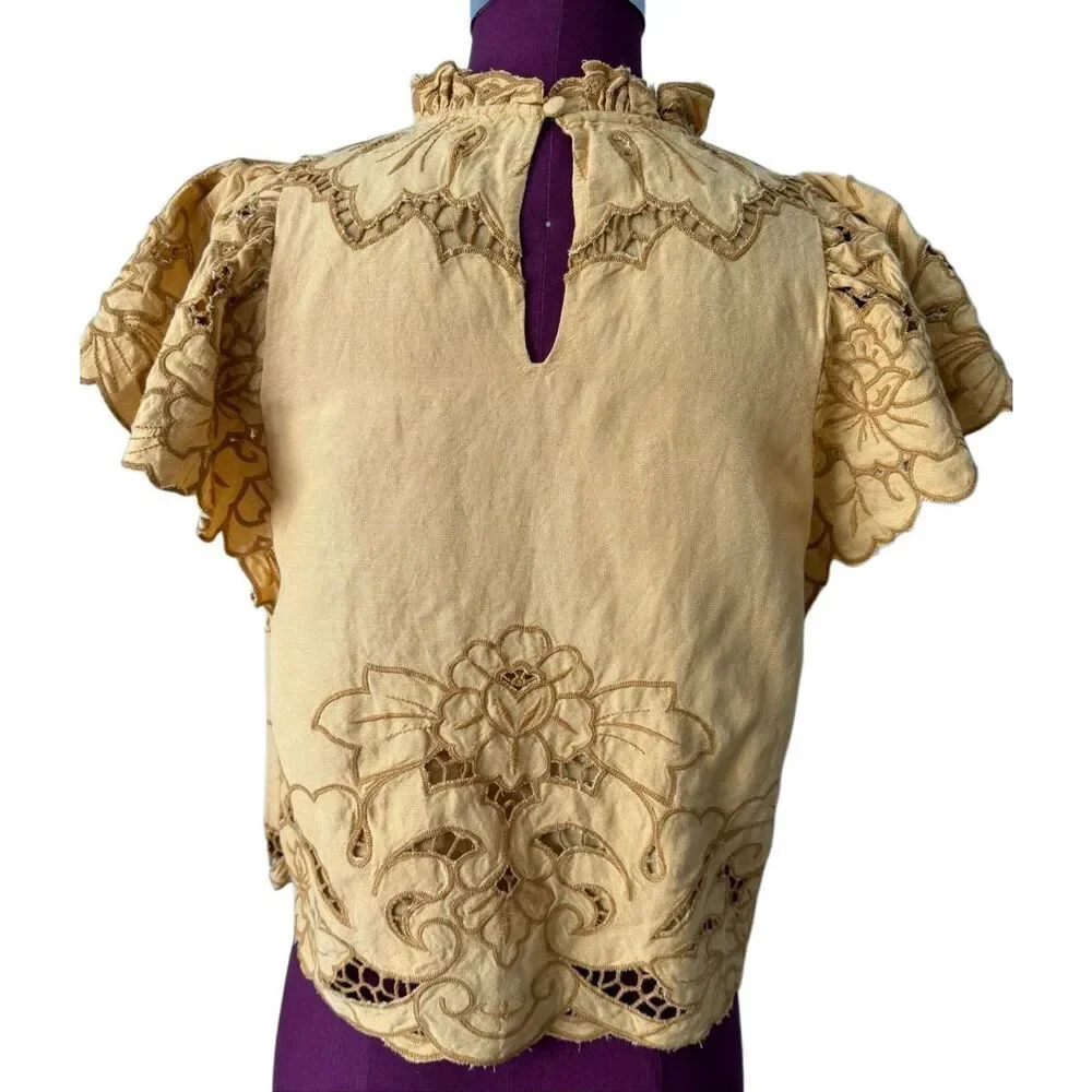 Anthropologie Lainie High Neck Cutwork Blouse Top Yellow XS Short Sleeve - Picture 3 of 8